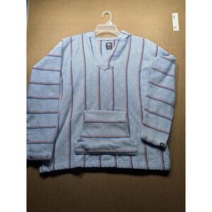 Stussy Mens Baja Hoodie Blue Orange Striped Woven Cotton Pullover Medium